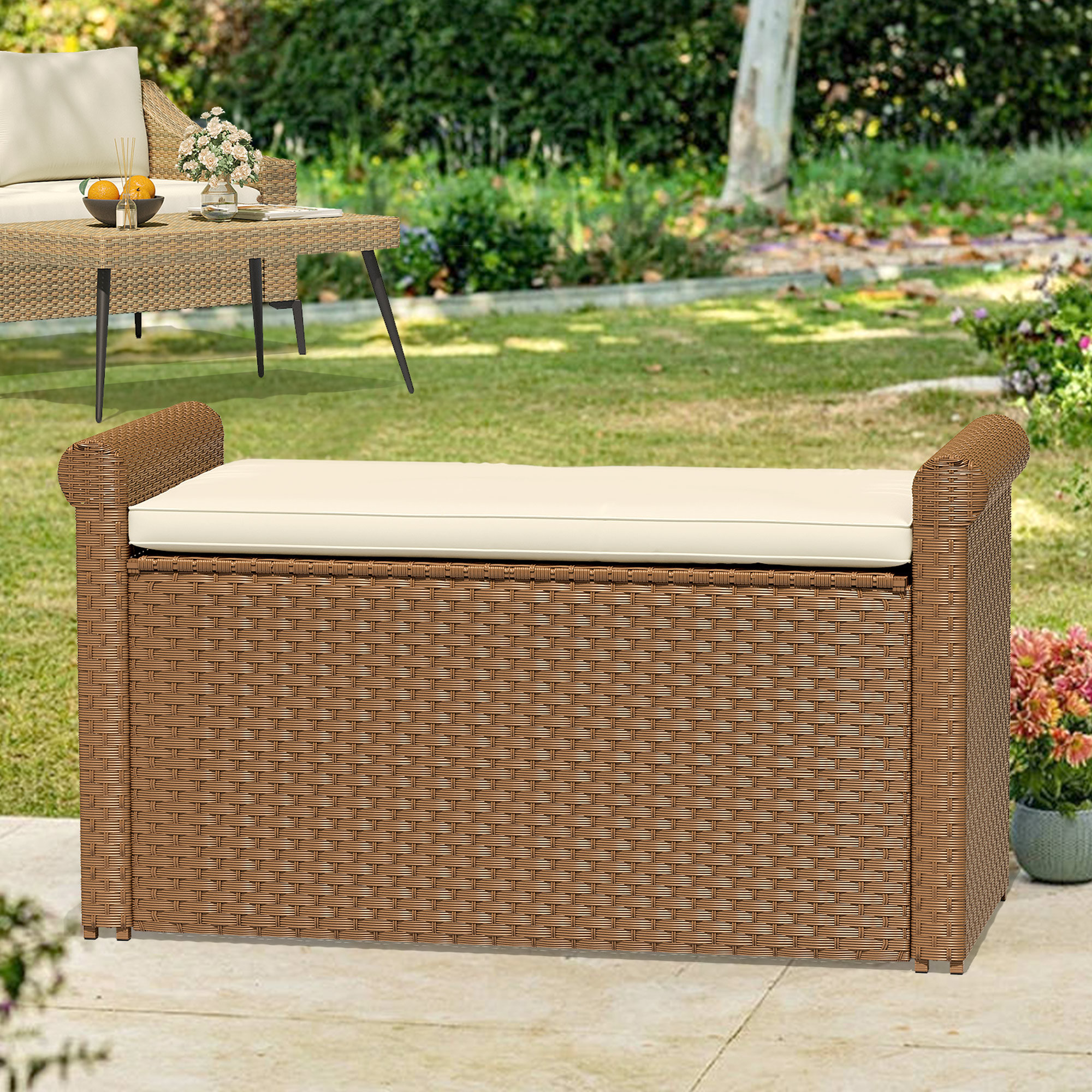 Lark Manor Ashely 90 Gallon Outdoor Storage Bench with Cushion Reviews Wayfair